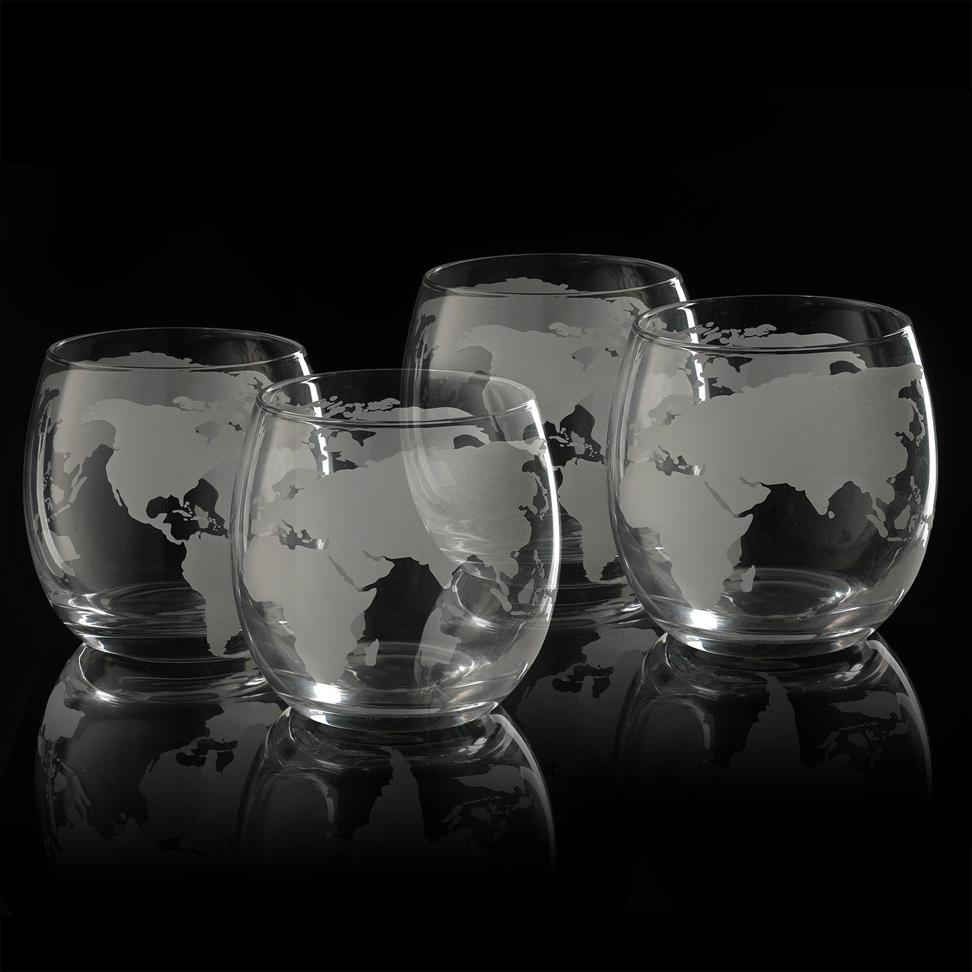 Etched World Globe Glasses 10 oz -Set of 4 by Liquor Lux, Wine, Whiskey, Scotch, Vodka Water or Juice Old Fashion Glasses, World Glasses Etched Globe
