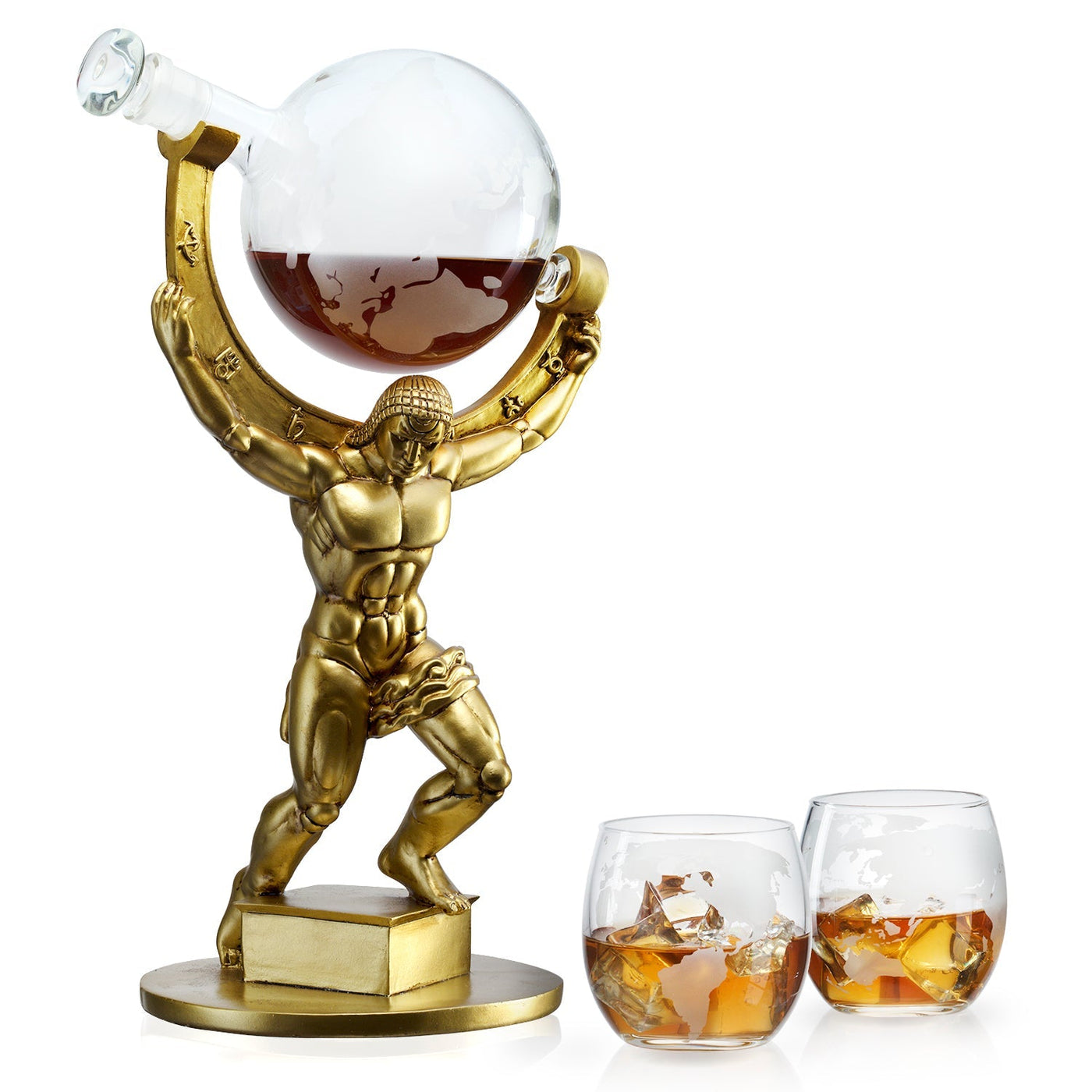 Atlas Bronze World Whiskey Decanter Globe - 15" Tall - With 2 World Glasses