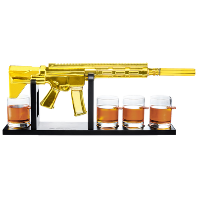 AR15 Gold Whiskey Decanter Set with 4 Bullet Whiskey Glasses - Liquor Lux, Gift for Fathers, Uncles, Sons - Veteran Gifts, Military Gift, Home Bar Gift, Father's Day