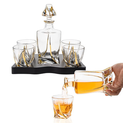 European Style Gold Wine & Whiskey Gold Twist Spiral Decanter 855ml with 4 Glasses & Wood Tray Set by Liquor Lux - For Home Bar Liquor, Spirits, Scotch, & Bourbon Gift for Him