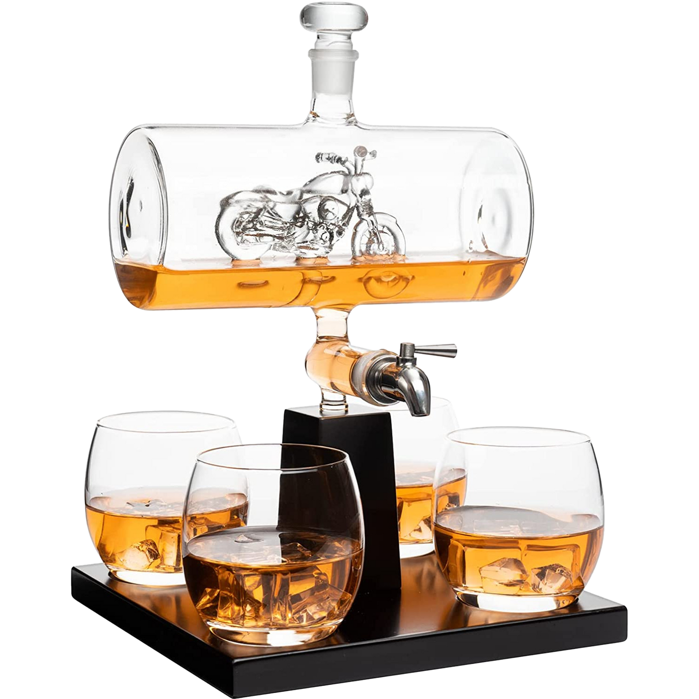 Motorcycle Decanter Whiskey & Wine Decanter Set 1100ml by Liquor Lux with 4 Whiskey Glasses, Motorcycle Gifts, Harley Davidson Motorbike Gifts, Drink Dispenser for Wine, Scotch, Bourbon 19"H 8"W