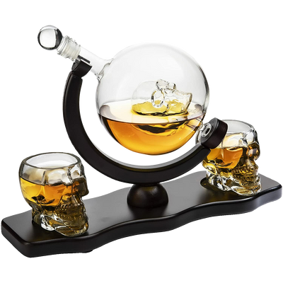 Skull Decanter Set With 2 Skull Shot Glasses - by Liquor Lux - and Beautiful Wooden Base - By Use Skull Head Cup For A Whiskey and Vodka Shot Glass, 850ml Decanter 3 Ounces Shot Glass