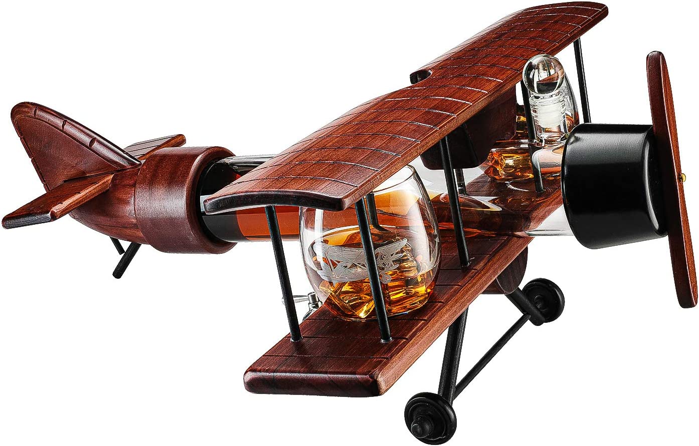 Whiskey-Dekanter-Set und Gläser, antikes Holz-Flugzeug – Liquor Lux Whiskey Geschenkset und 2 Flugzeuggläser, Pilotengeschenk mit beweglichen Teilen, alkoholbezogenes Geschenk, groß, 53.3 cm