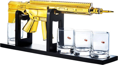 AR15 Gold Whiskey Decanter Set with 4 Bullet Whiskey Glasses - Liquor Lux, Gift for Fathers, Uncles, Sons - Veteran Gifts, Military Gift, Home Bar Gift, Father's Day