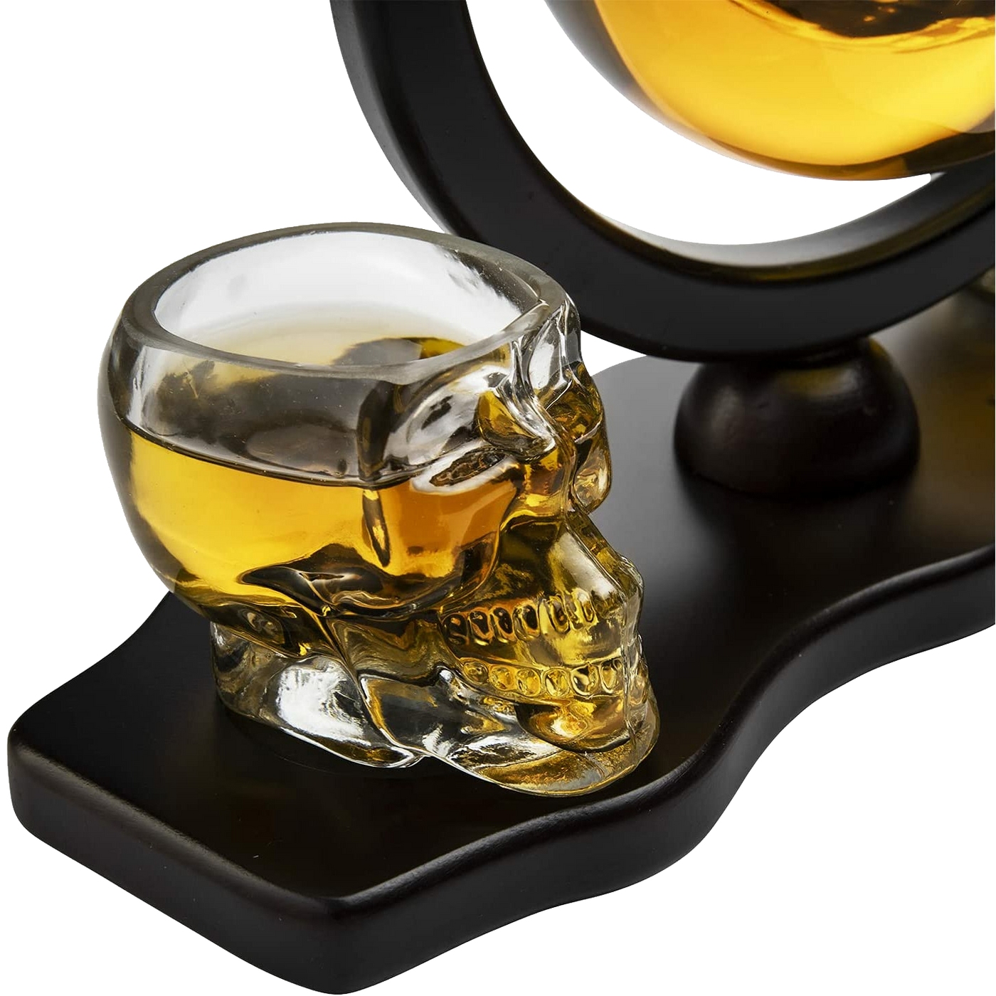 Skull Decanter Set With 2 Skull Shot Glasses - by Liquor Lux - and Beautiful Wooden Base - By Use Skull Head Cup For A Whiskey and Vodka Shot Glass, 850ml Decanter 3 Ounces Shot Glass