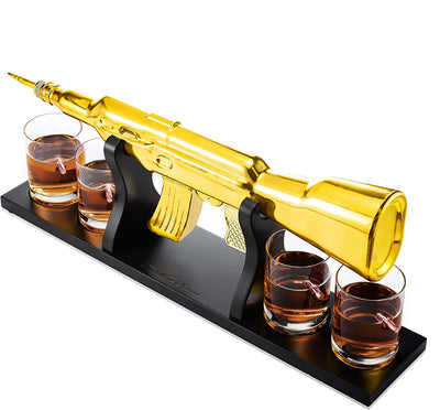 AK Gold Whiskey Decanter Set With 4 Bullet Whiskey Glasses - Liquor Lux, Gift For Fathers, Uncles, Sons - Veteran Gifts, Military Gift, Home Bar Gift, Father's Day