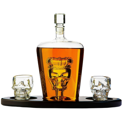 Skull King Skeleton Wine & Whiskey Globe Decanter Set 750 mL With 2 Skull Head 3oz Skeletons Shot Glasses + Mahogany Wooden Base Decor Glass, Goth Spooky Drinking Glassware Liquor Lux