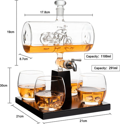 Motorcycle Decanter Whiskey & Wine Decanter Set 1100ml by Liquor Lux with 4 Whiskey Glasses, Motorcycle Gifts, Harley Davidson Motorbike Gifts, Drink Dispenser for Wine, Scotch, Bourbon 19"H 8"W