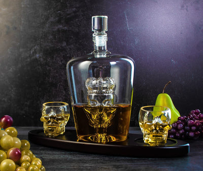Skull King Skeleton Wine & Whiskey Globe Decanter Set 750 mL With 2 Skull Head 3oz Skeletons Shot Glasses + Mahogany Wooden Base Decor Glass, Goth Spooky Drinking Glassware Liquor Lux