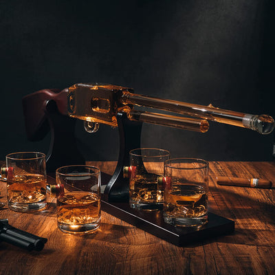 Shotgun Rifle Wine & Whiskey Decanter Set 20oz with Bullet Glasses by Liquor Lux - Firearm Shooting Gun Gifts for Men Veterans, Military, Home Bar, Law Enforcement 30" L 9.5" H