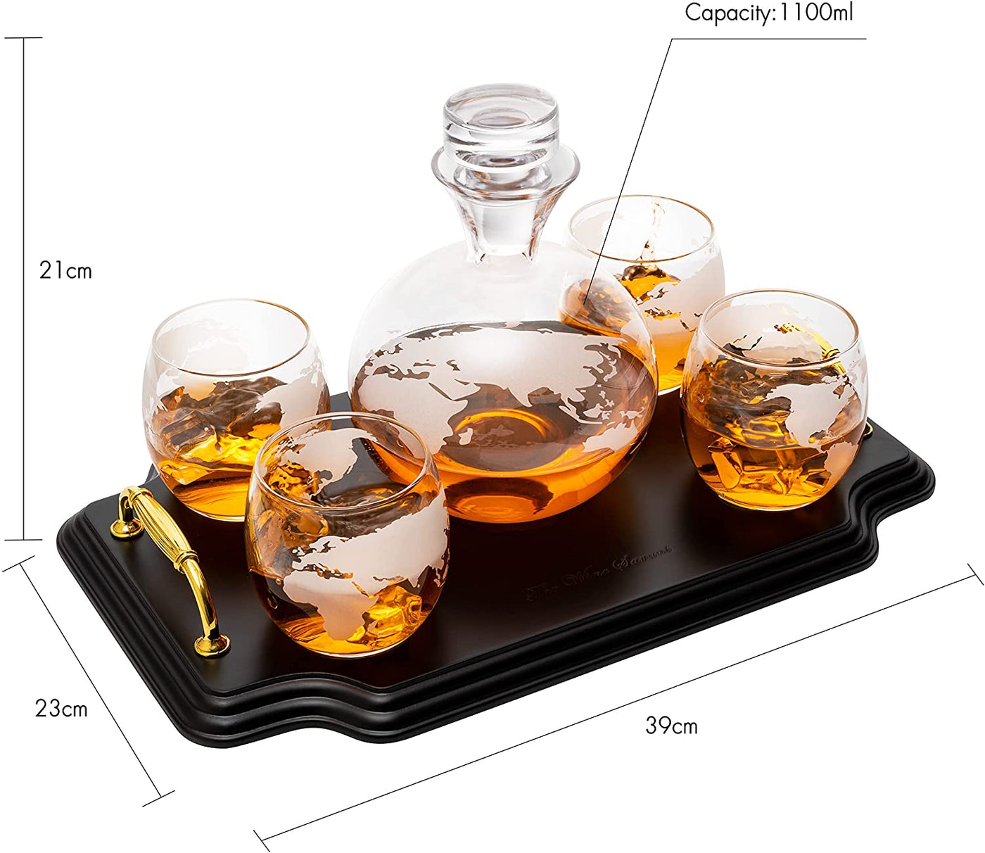 Etched World Map Globe Whiskey Decanter Set 750ml With 4 10oz Map Glasses 13" H x 13" L by Liquor Lux - Traveler Gifts, Home Bar, Whiskey Gifts, Cartography, Geography Gifts, Cosmopolitan Gifts