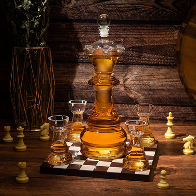 New Chess Decanter Set by Liquor Lux - Queen Chess Decanter 750ml 12" H With 4 Rook Shot Glasses 4oz - Queen's Gambit, Chess Player Gifts, Whiskey, Wine Lovers Gifts for Dad…