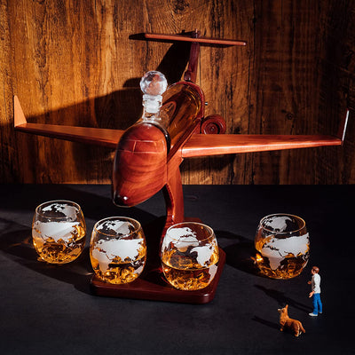 Jet Airplane Wine & Whiskey Decanter 1000ml Set with 4, 12 oz World Map Glasses by Liquor Lux - Pilot Gifts, Aviation Gifts, Airplane Figurine, Gifts for Jet, Airplane and Travel Enthusiasts