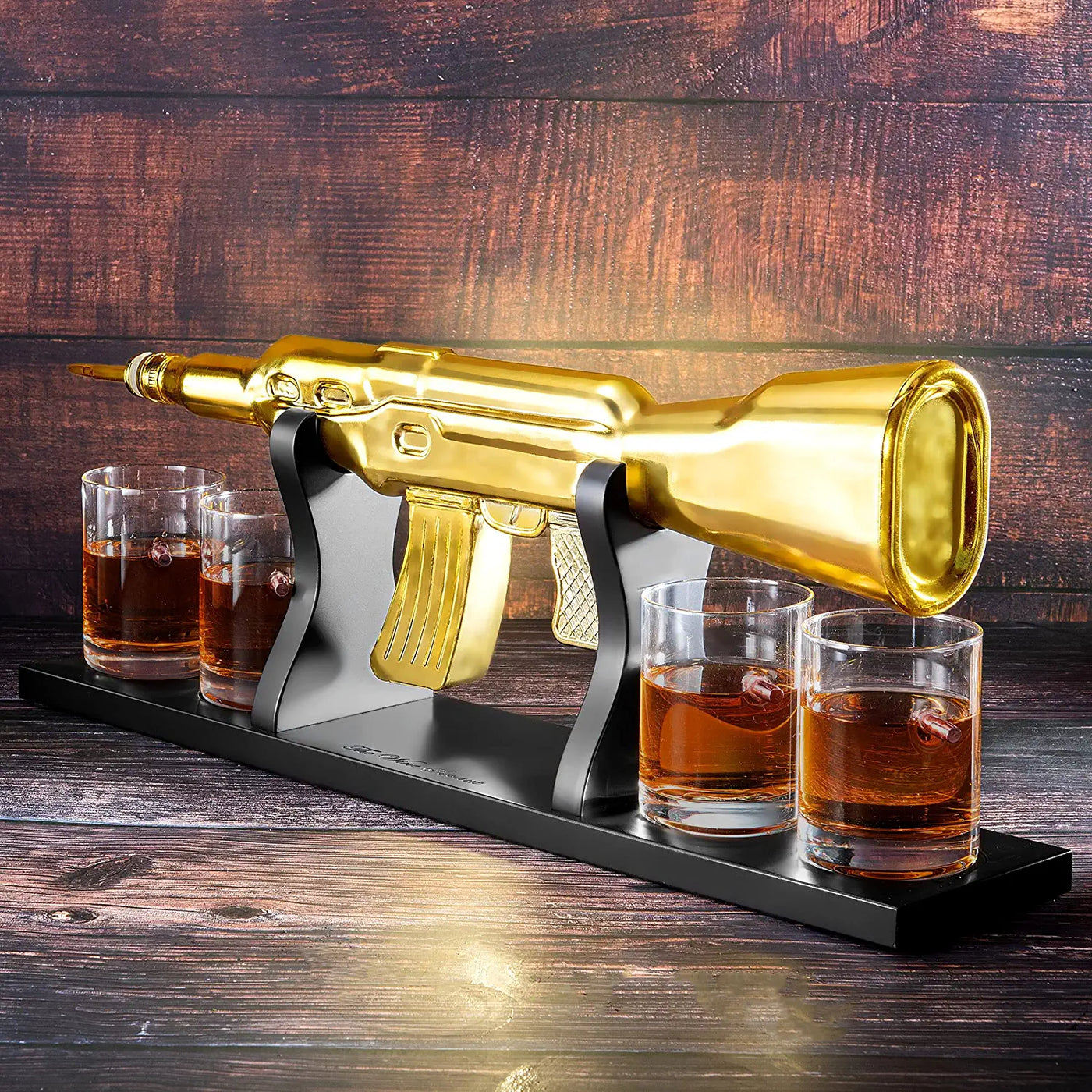 AK Gold Whiskey Decanter Set With 4 Bullet Whiskey Glasses - Liquor Lux, Gift For Fathers, Uncles, Sons - Veteran Gifts, Military Gift, Home Bar Gift, Father's Day