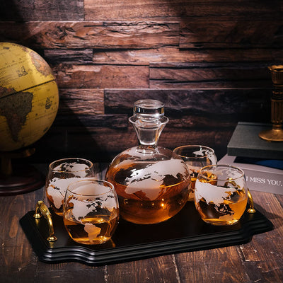 Etched World Map Globe Whiskey Decanter Set 750ml With 4 10oz Map Glasses 13" H x 13" L by Liquor Lux - Traveler Gifts, Home Bar, Whiskey Gifts, Cartography, Geography Gifts, Cosmopolitan Gifts