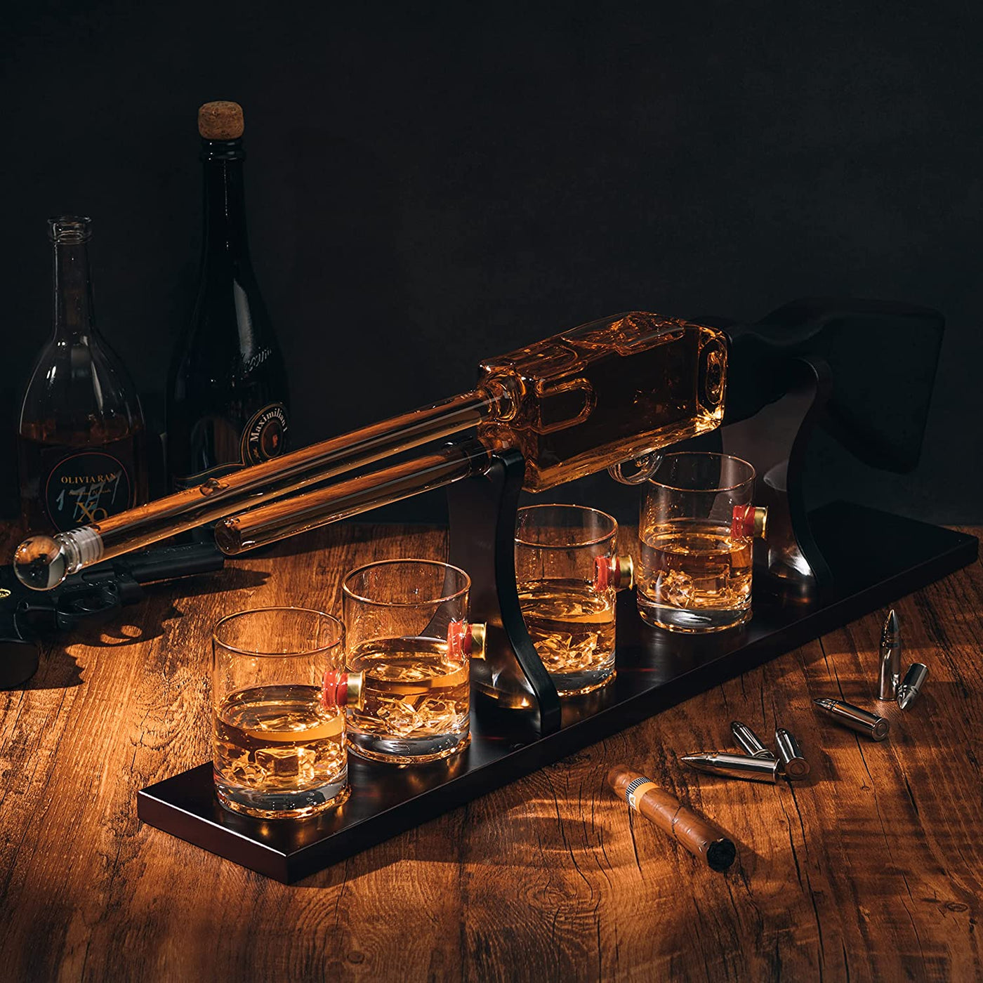 Shotgun Rifle Wine & Whiskey Decanter Set 20oz with Bullet Glasses by Liquor Lux - Firearm Shooting Gun Gifts for Men Veterans, Military, Home Bar, Law Enforcement 30" L 9.5" H