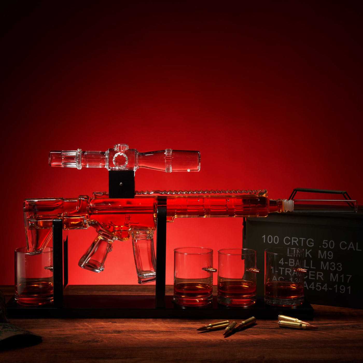 Whiskey Decanter Set - AR Limited Edition, Wooden Silencer Stopper - 800 ml & 4 12oz Bullet Glasses - Unique Gift - Drinking Party Accessory, Gun Liquor Decanter, Tik Tok Gun Decanter Mens Birthday