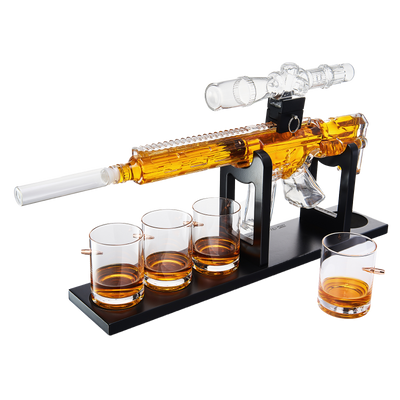 Whiskey Decanter Set - AR Limited Edition, Wooden Silencer Stopper - 800 ml & 4 12oz Bullet Glasses - Unique Gift - Drinking Party Accessory, Gun Liquor Decanter, Tik Tok Gun Decanter Mens Birthday