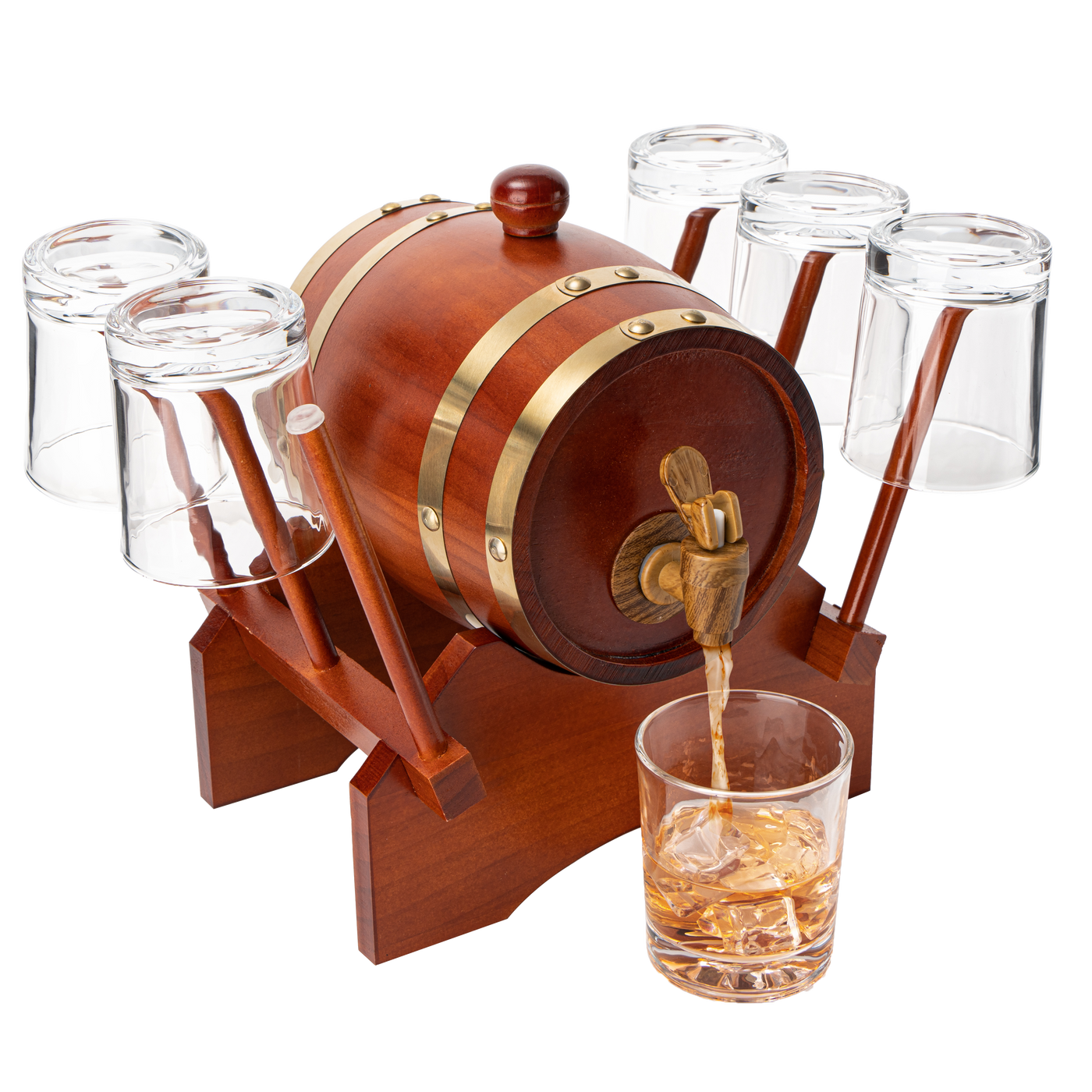 Barrel Decanter with 6 Whiskey Glasses by Liquor Lux - 1000 mL Mahogany Wood Old Fashioned Classic Whiskey Decanter Set, Gifts for Him, Father's Day, Gift Ideas