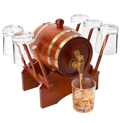 Barrel Decanter with 6 Whiskey Glasses by Liquor Lux - 1000 mL Mahogany Wood Old Fashioned Classic Whiskey Decanter Set, Gifts for Him, Father's Day, Gift Ideas