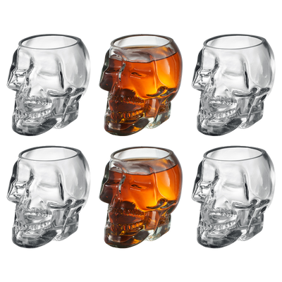 Skull Shot Glasses Set of 6 by Liquor Lux - 3oz Skull Glasses 3" H - Goth Gifts, Skull Gifts, Skull Decor, Skeleton Decor, Skull Shaped Glasses, Perfect for Halloween Themed Parties!