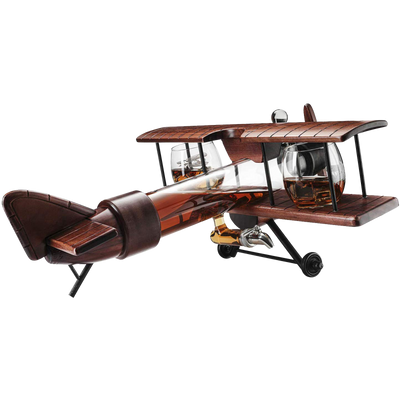 Whiskey & Wine Decanter Airplane Set and Glasses Antique Wood Airplane - Liquor Lux Whiskey Gift Set and 2 Airplane Glasses, Pilot Gift Moving Parts- Alcohol Related Gift, BAR DECOR Large 21"
