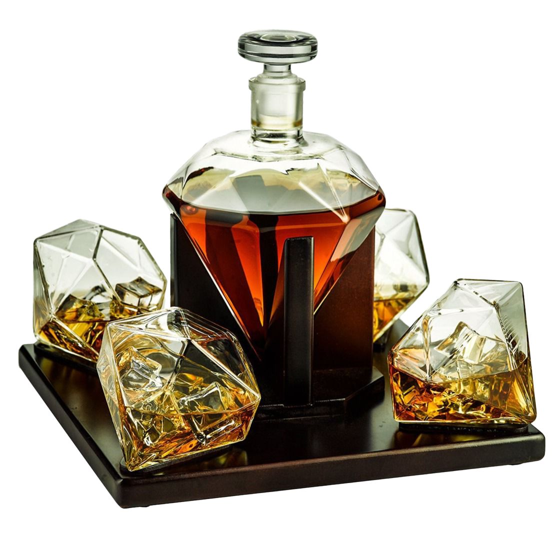 Liquor Lux Diamond Whiskey and Wine Decanter, Great Gift! 750ml With 4 Diamond Glasses and Beautiful Mahogany Wooden Holder Liquor, Scotch, Rum, Bourbon, Vodka, Tequila Decanter