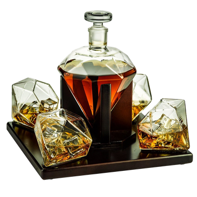 Liquor Lux Diamond Whiskey and Wine Decanter, Great Gift! 750ml With 4 Diamond Glasses and Beautiful Mahogany Wooden Holder Liquor, Scotch, Rum, Bourbon, Vodka, Tequila Decanter, Gifts for Dad
