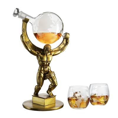 Atlas Bronze World Globe Whiskey Decanter Set - 15" Tall - With 2 World Glasses - For Whiskey, Scotch, Bourbon, Cognac and Brandy - 1000ml - By Liquor Lux - Atlas Decanter Whiskey