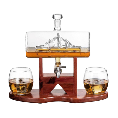 Whiskey Decanter Set, Liquor Dispenser for Home Bar, Crystal Glass - 1250ml Ship & 2 Whiskey Glasses Beautiful Stand Fathers Day, Gift for Dad, Husband or Boyfriend - Liquor Lux 100% Lead-Free