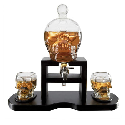 Skull Skeleton Wine & Whiskey Decanter Set 750 mL With 2 Skull 3oz Skeletons Shot Glasses + Mahogany Wooden Base & Pouring Spigot Decor Glass, Goth Spooky Drinking Glassware Liquor Lux