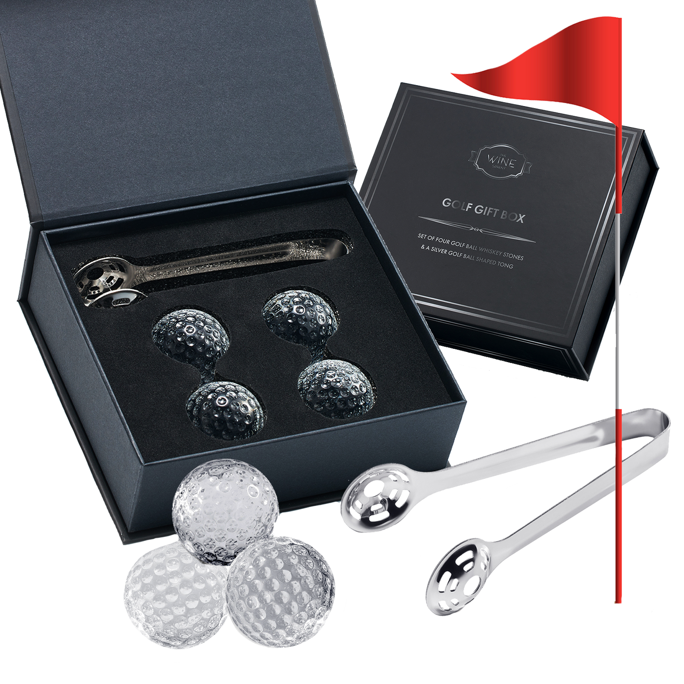 Golf Ball Whiskey Coolers - Pack of 5 - Men's Gift Set; Golfer's Whiskey Chill Stones, Reusable Cooling Balls; Includes 4 Chilling Stones - Ideal Golf-Themed Gift for Men + Metallic Tongs & Gift Box
