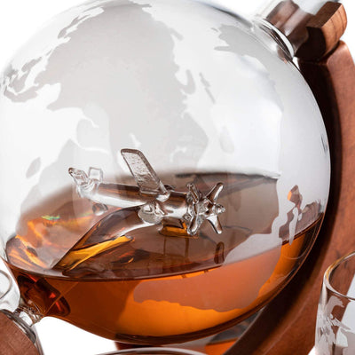 Etched World Decanter Whiskey Globe With Antique Airplane Inside - Includes Whiskey Stones and 4 World Map Glasses