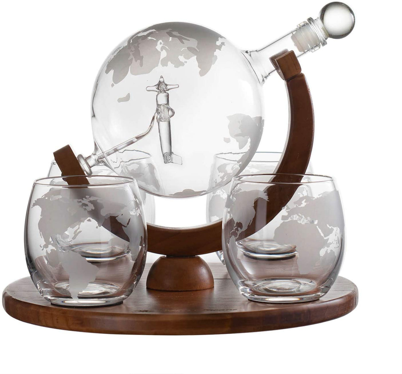 Etched World Decanter Whiskey Globe With Antique Airplane Inside - Includes Whiskey Stones and 4 World Map Glasses