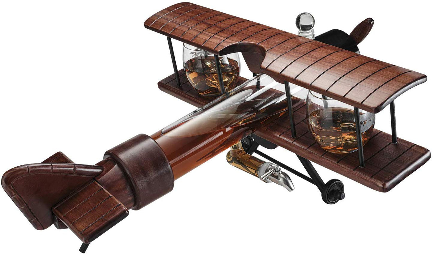 Whiskey & Wine Decanter Airplane Set and Glasses Antique Wood Airplane - Liquor Lux Whiskey Gift Set and 2 Airplane Glasses, Pilot Gift Moving Parts- Alcohol Related Gift, BAR DECOR Large 21"