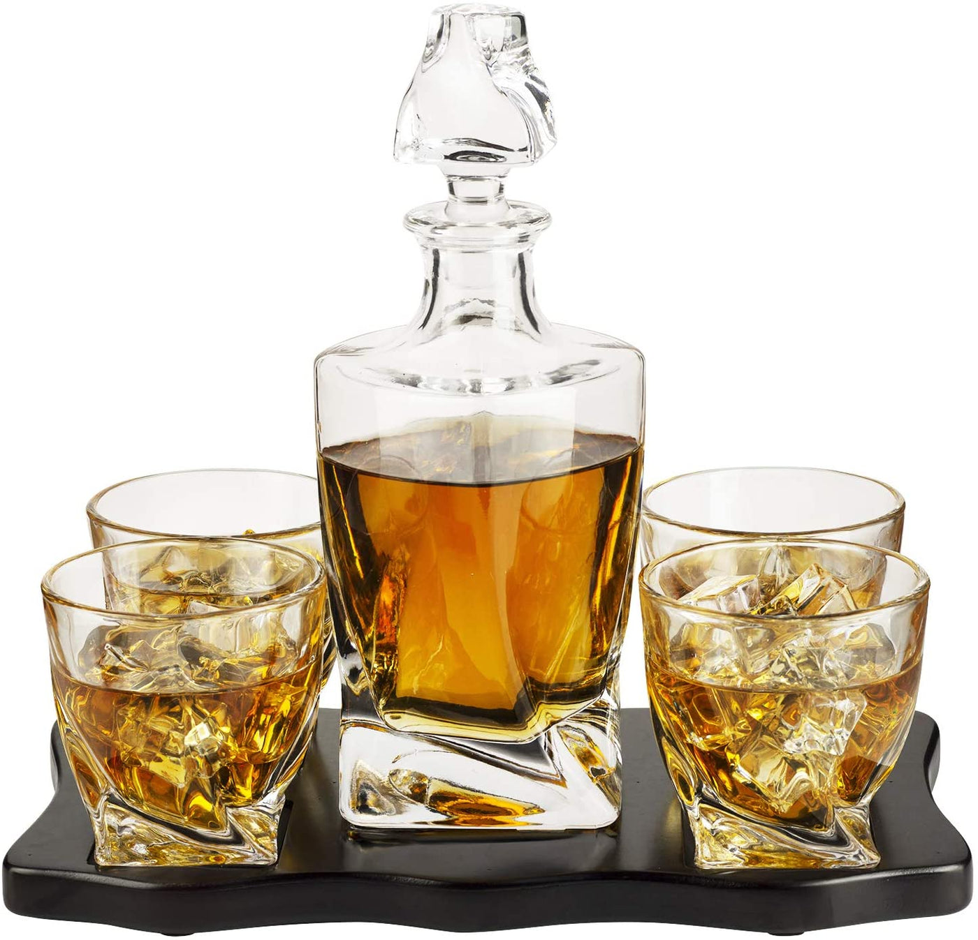Liquor Lux Italian Crafted Crystal 5 Piece European Style Wine & Whiskey Decanter 855ml with 4 Glasses & Wood Sophisticated Tray Set Spirits, Scotch, & Bourbon Whiskey Decanter Sets for Men