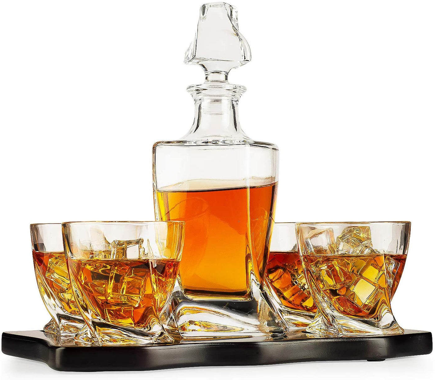 Liquor Lux Italian Crafted Crystal 5 Piece European Style Wine & Whiskey Decanter 855ml with 4 Glasses & Wood Sophisticated Tray Set Spirits, Scotch, & Bourbon Whiskey Decanter Sets for Men