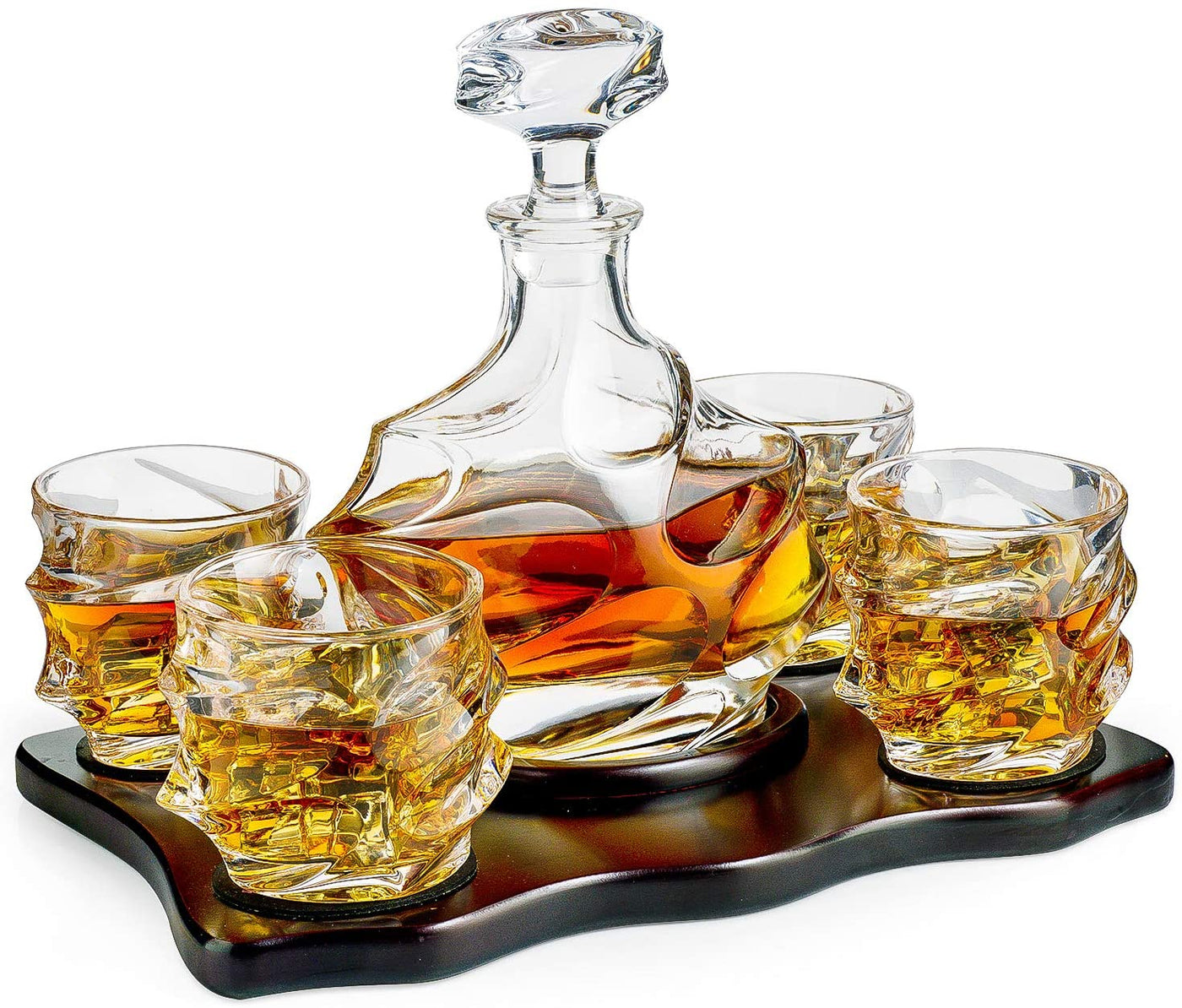Liquor Lux Wine and Whiskey Mountain Decanter with 4 Glasses and Wood Tray 750 ML